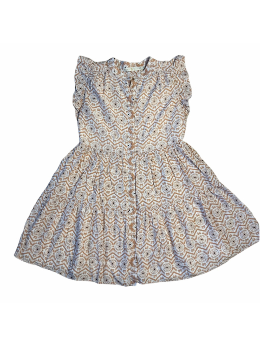Marie Oliver Kara Mini Dress Silk Blend Geometric Tan Cottagecore Women’s Sz XS - Picture 2 of 8